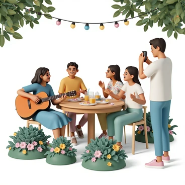 A group of four friends is gathered in a lush garden, surrounded by vibrant flowers and greenery. They are sitting at a wooden table adorned with colorful plates and glasses filled with drinks. Above them, string lights hang from trees, casting a warm glow over the scene. One friend, wearing a blue dress, is holding a guitar and strumming as the others listen, smiling and clapping along. Another friend, in a yellow shirt, is pouring lemonade into glasses while the third, wearing a floral top, is laughing and enjoying a plate of snacks. The fourth friend, dressed in casual jeans and a t-shirt, is taking photos of the joyful gathering.
