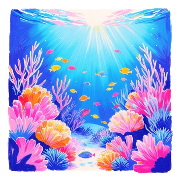 An underwater scene features vibrant coral reefs in a variety of shapes and colors, including bright pinks, oranges, and purples. Schools of small fish in lively colors like yellow, blue, and red swim gracefully around the corals. The sunlight filters through the water, creating shimmering patterns on the ocean floor. There are also various marine plants gently swaying with the currents, adding to the lushness of the environment.