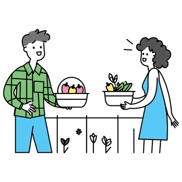 Two neighbors standing in a suburban backyard, engaged in a friendly exchange of garden produce. On the left, a man with short brown hair is wearing a green plaid shirt and blue jeans, holding out a basket filled with red tomatoes and yellow bell peppers. On the right, a woman with curly black hair is wearing a light blue sundress and is smiling as she hands over a basket of fresh herbs and cucumbers. The background features a white picket fence and blooming flowers, enhancing the vibrant atmosphere of their gardening efforts.