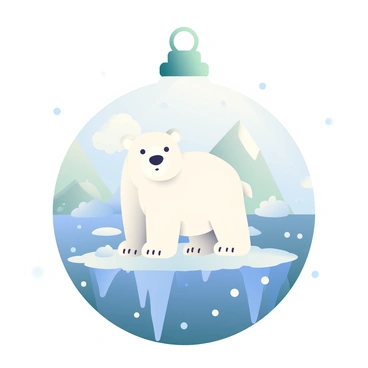 A Christmas ball is placed prominently in the foreground. Inside the ball, a cute polar bear with white fur is standing on an icy landscape filled with sparkling snow. The landscape features icebergs and a soft sheen of frost that reflects light. Surrounding the Christmas ball are small snowflakes gently falling, creating a wintry atmosphere. In the background, a faint outline of icy mountains adds depth to the scene. The polar bear is looking curiously at the viewer, its black nose contrasting against its fur.