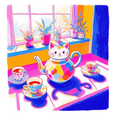 A quirky teapot shaped like a cat sits in the center of a cheerful kitchen. The teapot has a playful expression, with big eyes and whiskers, and its body is covered in colorful patterns. Surrounding the teapot are several mismatched tea cups, each with unique designs and colors. One cup is decorated with floral patterns, another with polka dots, and a third with stripes. The kitchen features bright yellow walls and a wooden countertop, with sunlight streaming through the window, casting warm highlights across the scene. There are also small potted plants on the windowsill, adding to the lively atmosphere.