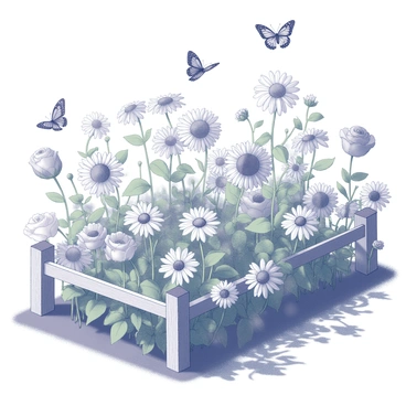 A garden filled with a variety of blooming flowers, including daisies, roses, and sunflowers. Each flower is distinct in shape and size, adding to the lushness of the garden. Several monarch butterflies are flitting among the flowers, some landing on the petals while others are in mid-flight. The garden is enclosed by a low wooden fence, with green leaves forming a natural background. The sunlight creates a play of shadows across the ground, enhancing the vibrancy of the scene.