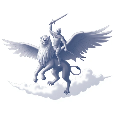 A warrior is seated firmly on the back of a griffin, which has the body of a lion and the wings and head of an eagle. The griffin is soaring high above the clouds, its powerful wings outstretched. The warrior is clad in armor, complete with a helmet and a flowing cape that billows dramatically in the wind. The warrior holds a sword raised high in one hand, while the other hand grips the griffin's feathers for stability. The sky is vast and filled with fluffy clouds, creating a sense of height and adventure in the scene.