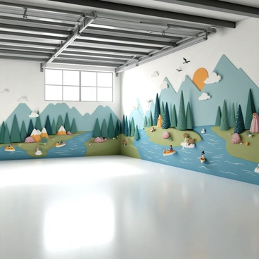A spacious garage with high ceilings and a polished concrete floor. The walls are adorned with colorful murals that depict vibrant scenes of nature, including lush green forests, majestic mountains, and flowing rivers. Adventure-themed illustrations feature hikers scaling peaks, kayakers navigating rapids, and wildlife such as bears, deer, and birds in flight. The murals utilize a bold color palette, creating a dynamic and inviting atmosphere in the garage. Natural light streams in through large windows, illuminating the intricate details of the artwork.