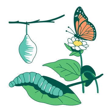 A teal caterpillar is resting on a green leaf, showcasing its segmented body with vibrant stripes. Nearby, there is a white chrysalis hanging from a branch, its surface smooth and shiny, reflecting light as it sways gently. In the background, a fully developed butterfly with orange and black wings is perched on another flower, its wings wide open, displaying intricate patterns. The scene captures the transformation from caterpillar to chrysalis and then to butterfly in a seamless progression.