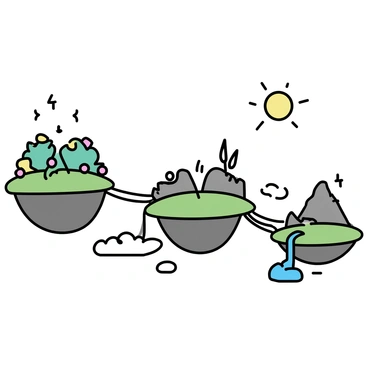A series of three floating islands, each distinctly shaped and varying in size. The first island is round, covered in lush green grass and dotted with colorful flowers. The second island is slightly elongated, featuring a small waterfall cascading down its side into the clouds below. The third island is irregularly shaped, with rocky outcrops and a small grove of trees at its center. Each island is connected by vine bridges, thick and twisting, suspended in the blue sky. The sun shines brightly, casting soft shadows on the islands and illuminating the vibrant colors of the vegetation.