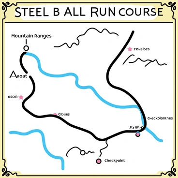 A vintage-style race map titled "Steel Ball Run Course". The map features winding roads outlined in a dark color, creating a dynamic route across diverse terrains. Various landmarks are indicated, including "mountain ranges" depicted with simple triangular shapes, "rivers" illustrated with flowing blue lines, and "towns" represented by small circles with the names written in classic font. Checkpoints are marked with bold red stars along the course, highlighting key locations. The overall color palette consists of muted earth tones, giving the map an aged appearance, with a decorative border framing the entire image.