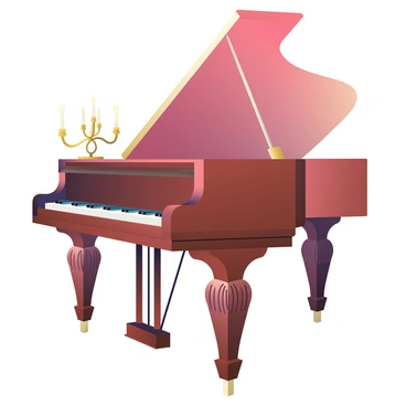 An elegant grand piano with rich, dark wood and intricate carvings on its legs and body is positioned in the center of the image. The piano's polished finish reflects soft light, highlighting its smooth surfaces. The piano lid is raised, revealing a pristine keyboard with white and black keys. To the side, a small brass candelabrum with lit candles rests gracefully, casting a warm glow on the piano. The background is softly blurred to maintain focus on the piano's exquisite details.