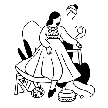 A model is wearing a long, flowing dress made of light, airy fabric that appears to billow gently. The dress has intricate patterns that suggest a bohemian style. The model is posing in a relaxed manner, with one arm draped over a nearby wooden stool. Surrounding the scene are scattered accessories like beaded necklaces and woven bags. A backdrop of abstract shapes suggests a free-spirited atmosphere.