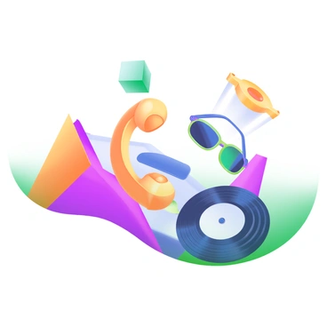 A modern pastel illustration featuring vibrant geometric shapes in a variety of colors including red, yellow, blue, and green. Each shape overlaps slightly, creating a dynamic and energetic composition. In the center, there are stylized representations of everyday objects, such as a retro telephone, a pair of sunglasses, and a vinyl record, all outlined clearly. The background consists of a gradient that transitions between soft pastel tones, enhancing the overall visual impact of the image.