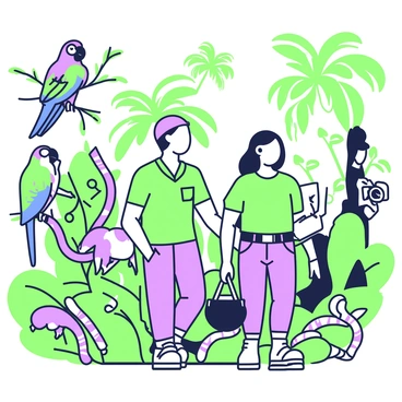 A group of adventurers is navigating through a dense jungle filled with various exotic animals. In the forefront, two adventurers are walking side by side, one dressed in a green shirt and cargo pants, holding a map, while the other carries a camera, capturing the surrounding wildlife. To the left, a vibrant parrot is perched on a branch, with its feathers prominently displayed. In the background, a pair of monkeys can be seen swinging from vine to vine, while a colorful snake slithers along the ground nearby. Lush foliage surrounds the scene, with tall trees and large leaves creating a rich tapestry of greenery. The jungle atmosphere is alive with the sounds of the wilderness.
