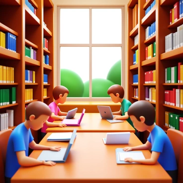 A library interior with tall shelves filled with books. Individuals are sitting at wooden tables, intently focused on reading books and studying. Each person has a different expression, showing concentration. Soft, warm lighting illuminates the space, creating a cozy atmosphere. A large window allows natural light to filter in, showcasing the greenery outside. Some people have notebooks and laptops open in front of them, while others are flipping through the pages of thick books.