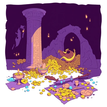 The interior of a dragon's lair is vast and dimly lit. The ground is covered with shiny, scattered piles of gold coins that reflect a warm glow. Large gemstones of various shapes and sizes are interspersed among the gold, creating a dazzling assortment of colors. A massive, intricately carved stone pillar rises from the ground, covered in ancient runes that hint at the lair's history. In one corner, there are ornate relics and treasures, such as a majestic golden crown, a silver chalice, and jeweled swords, all resting atop a bed of gold. The walls of the lair are rugged and rocky, with small openings that allow hints of flickering torchlight to illuminate the scene. A large, curled dragon is perched atop the highest pile of treasures, its scales shimmering in the light.