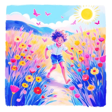 A child with curly hair is running joyfully through a meadow filled with vibrant wildflowers in various colors, including yellow, purple, and red. The child is wearing a light blue shirt and denim shorts, with bare feet touching the soft grass. Surrounding the child, butterflies flutter around, and a few birds can be seen in the sky. The sun is shining brightly, casting warm light over the scene, highlighting the cheerful atmosphere.
