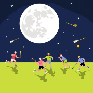 A quidditch practice session taking place under a bright full moon. Several brooms are silhouetted against a starry night sky, creating a dramatic contrast. Players are seen flying in various positions, some chasing a golden snitch, while others are passing a quaffle. The grassy pitch is illuminated by the moonlight, casting long shadows. The excitement of the practice is evident, with players wearing colorful uniforms and helmets.