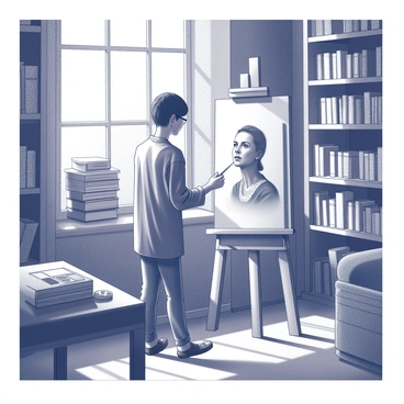 An artist is depicted in the process of painting a portrait. The scene is set in a cozy study filled with bookshelves lined with old books and literary texts. A wooden easel holds a canvas where the likeness of "Emily Dickinson" is being brought to life. The artist stands to the side, focused on details, with a paintbrush in hand, and a palette containing various shades of paint nearby. Sunlight streams through a window, casting shadows across the room, enhancing the textures of the space. The atmosphere conveys a sense of creativity and literary homage.