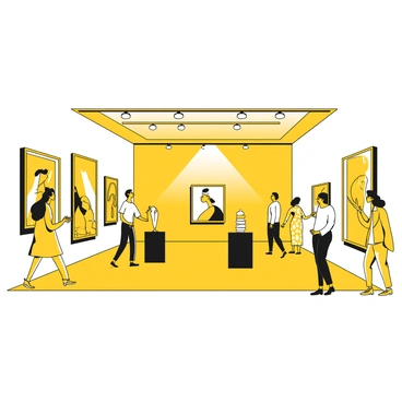 An art gallery with a large, open space featuring various contemporary artworks displayed on white walls. Bright spotlights illuminate each piece, highlighting the details and textures. In the center of the gallery, sleek black pedestals hold small sculptures, while larger paintings are hung at eye level around the room. Visitors stroll through the gallery, some stopping to examine the artwork closely, while others discuss the pieces with each other. Large windows provide a view of the surrounding area outside, allowing natural light to filter in.