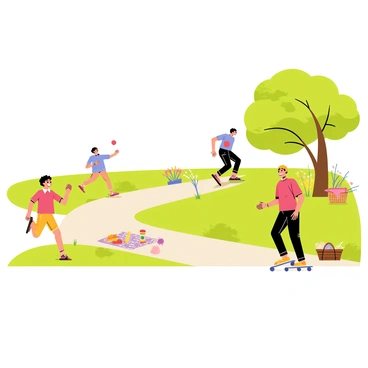 A park scene on a sunny day with vibrant green grass and colorful flowers. A family is gathered, with two children playing catch with a red ball. One child is laughing as they run, while the other prepares to throw. Two adults are longboarding nearby, each with a smile as they glide along a smooth pathway. In the background, a large tree provides shade, and a picnic blanket with a basket is laid out nearby, hinting at a joyful family outing.