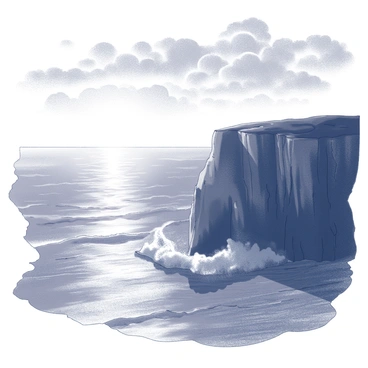 A cliff overlooking the Atlantic Ocean. The sun is low on the horizon, casting elongated shadows across the rocky surface. The ocean waves are crashing against the cliff base, creating a frothy white spray. The sky is filled with intricate patterns of clouds, reflecting the light from the setting sun. The scene captures the vastness of the ocean and the dramatic cliffs, highlighting the contrasting textures of the landscape.