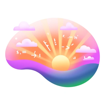 A vibrant sunset scene featuring an orange and pink sky filled with fluffy clouds. The large sun is partially dipped below the horizon, casting warm rays of light. These rays spread out and form an intricate array of "mathematical equations" written in white against the colorful sky. The landscape below includes a silhouette of rolling hills, enhancing the visual depth of the scene.