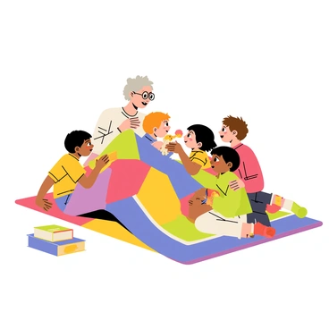 A group of five children sitting on a colorful rug, gathered around a storyteller. The storyteller, an elderly woman with glasses, is animatedly sharing a tale. The children, with diverse hairstyles and clothing, are cuddled under a large, patchwork quilt with various bright patterns. Some children are leaning forward with wide eyes, while others are snuggled closer to the quilt, holding small stuffed animals. Around them, a few fairy tale books are scattered on the floor, and warm light is illuminating the scene.