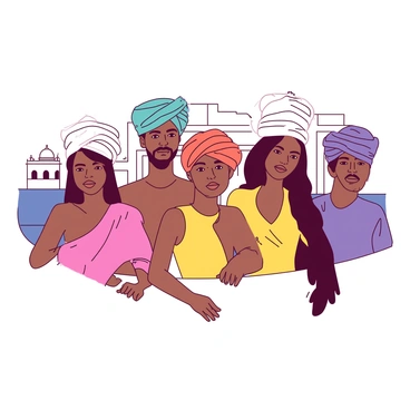 A duotone illustration showcasing various turban styles worn by figures of diverse backgrounds. Each figure is depicted in a full-body pose, displaying a unique turban style that reflects their culture. The figures are positioned in a semi-circle, creating a harmonious composition. Behind each figure, there is a subtle element representing their background, such as architectural features or traditional patterns. The figures are in contrasting colors, highlighting the diversity of the turban styles and the richness of their cultural significance.