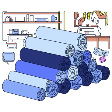 Rolls of various shades of denim fabric stacked neatly in a tailor's studio. The rolls vary in color from light blue to dark indigo, showcasing different textures and weights. Each roll is tightly wrapped and has a label detailing its weight and type. The studio has wooden shelves in the background, filled with sewing supplies and tools. A tailor's measuring tape hangs loosely nearby, and a sewing machine can be seen on a work table.