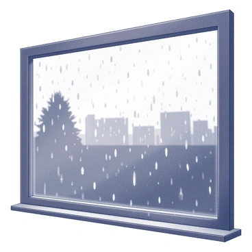 A window covered in raindrops, with streaks of water trickling down the glass. The surface of the window is glistening from the moisture, creating a textured appearance. In the background, the outlines of trees and buildings can be faintly seen through the water-covered glass, appearing slightly blurred and distorted. The overall scene captures the essence of a rainy day, emphasizing the interplay between the window and the weather outside.