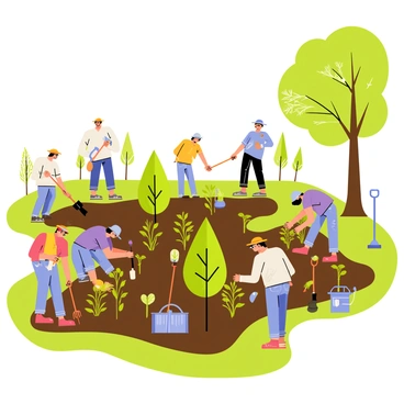 A landscape showing volunteers actively restoring a deforested area. Several volunteers are digging and planting various native plants and young trees in the ground. The volunteers are dressed in casual clothing and wearing sun hats, showcasing a diverse group of individuals. In the background, there are patches of green foliage and small trees, indicating the recovery of the area. The soil is rich and dark, and there are tools like shovels and watering cans scattered around. Bright sunlight filters through the leaves of nearby trees, creating a vibrant atmosphere of rejuvenation and community effort.