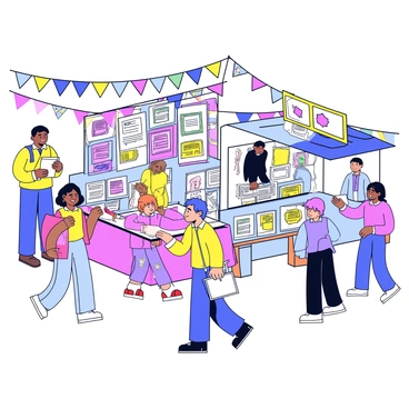 A vibrant festival scene filled with colorful stalls. Each stall displays various certificates framed in bright colors, alongside artistic works such as paintings and handmade crafts. Artists are actively engaging with festival-goers, showcasing their artwork and explaining their creative process. The atmosphere is lively, with people walking around, admiring the displays, and interacting with the artists. Colorful banners and decorations hang overhead, adding to the festive feel.