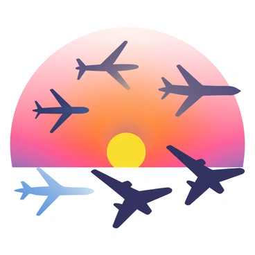 Silhouettes of several airplanes are arranged in various formations against a vibrant sunset sky. The sky is filled with a gradient of intense oranges, pinks, and purples as the sun sets on the horizon. Each airplane silhouette has distinct shapes, with some flying in a V-formation and others in horizontal lines. The contrasting dark shapes of the airplanes stand out against the colorful backdrop, creating a striking visual scene.