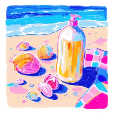 A beach scene features a "shampoo bottle" positioned on the sand. It is surrounded by various "seashells" of different shapes and colors, scattered around it. Nearby, there are "beach towels" spread out on the sand, displaying vibrant patterns. The sun casts light on the scene, creating soft shadows in the sand. In the background, gentle waves can be seen lapping at the shore.