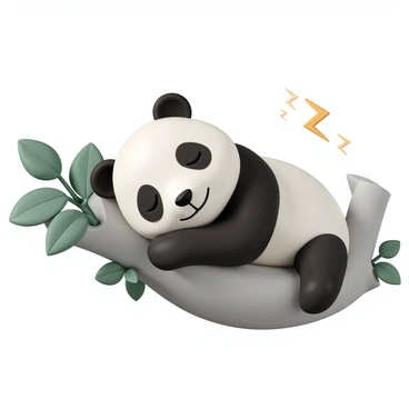 A panda, with black and white fur, is sleeping peacefully on a thick, sturdy tree branch. Its round face is resting on its paws, with its eyes closed and a content expression. The panda's ears are perked up slightly, and its body is curled comfortably against the branch. Surrounding the panda are lush green leaves, filtering soft sunlight that dapples the fur. The tree has a textured bark, providing a natural and serene environment for the sleeping panda.