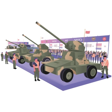 A digital flat illustration depicting a military parade showcasing "NATO artillery equipment." The scene includes a variety of artillery pieces on display, such as large howitzers and armored vehicles. Each piece of equipment is painted in camouflage colors typical of military vehicles. "NATO" insignia is prominently displayed on each artillery piece. Soldiers in uniform are positioned beside the equipment, standing at attention. The background features rows of spectators observing the parade, with flags waving in the air. Bright sunlight illuminates the scene, highlighting the details of the artillery equipment and the soldiers.