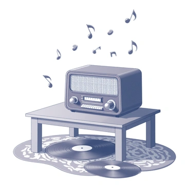 A vintage radio with ornate detailing sits on a wooden table. It has dials and knobs, and the speaker fabric is patterned. From the radio, musical notes are illustrated as they rise and swirl in the air. They appear to have animated features, with expressions and small limbs, as if they are dancing joyfully around the room. The setting includes a patterned rug beneath the table and a few scattered records nearby, adding to the nostalgic atmosphere.