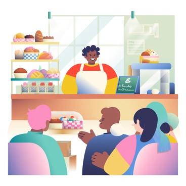 A small business owner with light brown skin and curly hair is standing behind a wooden counter in a cozy corner bakery. They are wearing a white apron over a colorful shirt and are smiling warmly at a group of customers. The bakery features soft lighting, with shelves filled with various freshly baked goods, including bread loaves, pastries, and cupcakes adorned with colorful frosting. There are wooden tables with checkered tablecloths in the background, and a large window allows sunlight to stream in, casting a warm glow over the scene. On the counter, there is a glass display case showcasing an array of treats, and a chalkboard sign lists the daily specials.