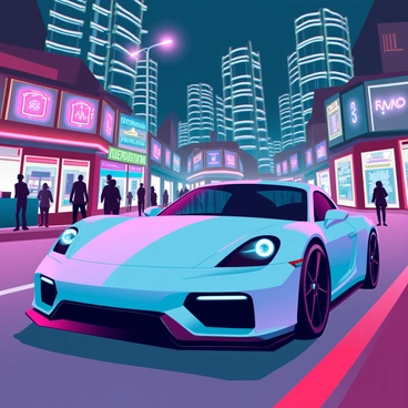 A sleek, silver Porsche with sharp edges and aerodynamic design is gliding smoothly down a bustling city street at night. The car is illuminated by the warm glow of vintage streetlights, casting soft reflections on its polished surface. Surrounding the Porsche are vivid neon signs in various colors, advertising shops and restaurants, creating a lively atmosphere. A backdrop of modern skyscrapers looms in the distance, their glass façades reflecting the vibrant lights of the city. The streets are filled with blurred silhouettes of pedestrians and other vehicles, enhancing the sense of motion and activity in the urban night scene.