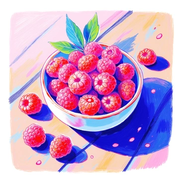A cluster of fresh raspberries is arranged in a small ceramic bowl. The raspberries are plump and juicy, showcasing their rich red color with a slight sheen. The bowl is placed on a wooden table, and a few raspberries are scattered nearby. The scene captures the texture of the raspberries, highlighting their tiny seeds and soft surface. Natural light illuminates the composition, creating subtle shadows around the bowl and enhancing the vibrant hues of the fruit.