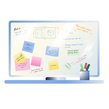 A large whiteboard is mounted on the wall in a bright studio. The whiteboard is filled with various colorful notes and sketches related to a new project. There are blue and pink sticky notes with handwritten ideas scattered across the board. Several colorful markers in shades of red, green, and yellow are placed in a small container on the desk underneath the whiteboard. A few sketches in pencil and ink showcase diagrams and concepts, while some areas are filled with brainstorming notes written in different handwriting styles. The overall scene conveys a busy and creative workspace.