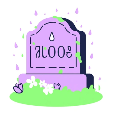 A gravestone stands prominently in a serene graveyard, partially covered in lush green grass. Raindrops are falling steadily from the overcast sky, splattering against the stone surface. Each drop creates small pools that gather in the carved letters of the inscription, highlighting the intricate details of the engraving. The gravestone is weathered and aged, showing signs of time with moss gently growing along its edges. Surrounding the gravestone, a few scattered flowers add a touch of life to the scene, with droplets clinging to their petals, reflecting the gloomy atmosphere.