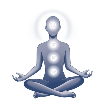 A person sitting cross-legged in a meditative pose. The figure is centered, with a straight back and hands resting on the knees. Surrounding the person, an aura is visible, resembling a shimmering outline. The aura showcases seven distinct energy points aligned along the spine, each represented by a symbol denoting the seven chakras, with their respective shapes depicted in a clear, precise manner. The setting is minimal, focusing primarily on the meditating figure and the striking representation of the chakras.