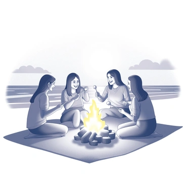 A group of four friends is gathered around a fire pit on the beach. They are sitting on a blanket spread on the sand. Two friends are roasting marshmallows on long sticks above the flames, while the other two are laughing and sharing stories. The beach is lined with gentle waves that are softly crashing in the background. The moonlight reflects off the water, adding a shimmering effect. The scene captures a cozy and friendly atmosphere of camaraderie and warmth.