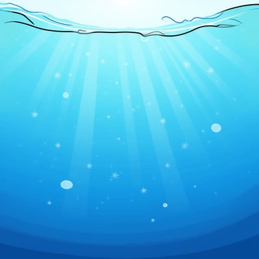 A close-up view of a swarm of tiny plankton drifting just below the clear blue ocean surface. The plankton are translucent and appear in various shapes, some resembling small stars and others like tiny jellyfish. Sunlight filters through the water, creating shimmering patterns that illuminate the plankton. A few small bubbles rise to the surface nearby, adding to the dynamic feel of the scene. The ocean water is a rich blue, with hints of green, and the plankton are scattered throughout, creating a lively underwater atmosphere.