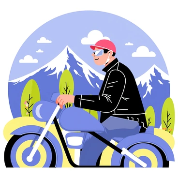 A biker wearing a red helmet and a black leather jacket is reaching the top of a mountain. The biker is perched on a shiny blue motorcycle, which has chrome details that glisten in the sunlight. The background showcases a majestic mountain landscape with rugged peaks and a bright blue sky dotted with white clouds. The biker is gazing at the view through their sunglasses, which reflect the scenery. Green trees and patches of colorful wildflowers are visible on the slopes, adding vibrancy to the scene. The biker's expression reflects a sense of awe and accomplishment as they take in the breathtaking panorama.
