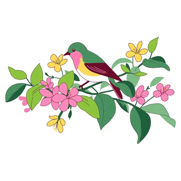 A small bird with vibrant feathers is perched delicately on a green honeysuckle branch. The bird's beak is inserted into a bright, open honeysuckle blossom, sipping sweet nectar. Surrounding the bird, lush green leaves frame the scene, and multiple honeysuckle flowers in shades of pink and yellow are blooming along the branch. The sunlight casts gentle shadows, enhancing the vivid colors of the blossoms and the bird's feathers.