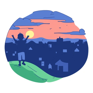 A child silhouette is standing on top of a green hill, looking out towards a panoramic view of rooftops. The child has arms slightly raised, enjoying the warm breeze. In the background, the sky is filled with vibrant hues of orange and dark blue as the sun sets, casting a soft glow over the rooftops. The rooftops vary in shapes and sizes, creating a picturesque skyline against the colorful sunset. The scene captures a moment of wonder and tranquility.