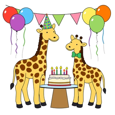 Two playful cartoon giraffes stand happily at a birthday party. One giraffe has a bright yellow body with dark brown spots, wearing a colorful party hat adorned with polka dots. The other giraffe is slightly shorter, with a similar yellow body and spots, sporting a silly bow tie. Around them are vibrant balloons in various colors, floating above their heads, and a large cake on a table, decorated with frosting and lit candles. The scene is filled with a sense of joy and festivity, with streamers hanging in the background. The giraffes are smiling wide, celebrating their special day with excitement.