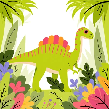 A vibrant jungle scene filled with lush green foliage and a variety of colorful plants. The background features tall trees with broad leaves and bright flowers blooming in shades of red, yellow, and purple. In the center, a spinosaurus is depicted, its scales a mix of green and brown, blending seamlessly into the vibrant environment. The spinosaurus has a large sail on its back, adorned with vivid patterns that mirror the surrounding flora. Sunlight filters through the canopy, casting dappled light across the scene, enhancing the rich colors of the jungle.