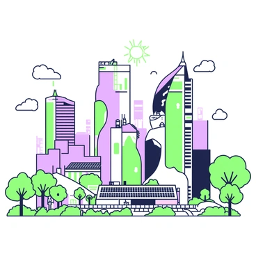 A futuristic cityscape filled with tall skyscrapers featuring green spaces and solar panels integrated into their designs. The buildings have a sleek, modern architecture with flowing lines, and some of them are partially covered in greenery, with plants cascading from balconies. In the foreground, there are parks with trees and pathways where people walk and interact, creating a lively atmosphere. Above the city, a bright sun shines down, illuminating the solar panels on rooftops. Nearby, a large nuclear power plant is visible, designed with safety features and surrounded by landscaped gardens that blend seamlessly into the urban environment.