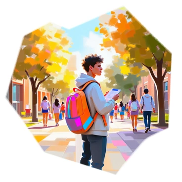 A vibrant college campus bustling with activity, featuring a student with light brown skin holding a visa document in one hand and a colorful backpack slung over one shoulder. The student has short curly hair and is wearing casual, comfortable clothing suitable for a day of classes. Surrounding the student, there are several trees with green leaves, brick buildings with large windows, and other students walking or talking in groups, creating an energetic atmosphere. The sun is shining brightly, casting warm light across the scene.